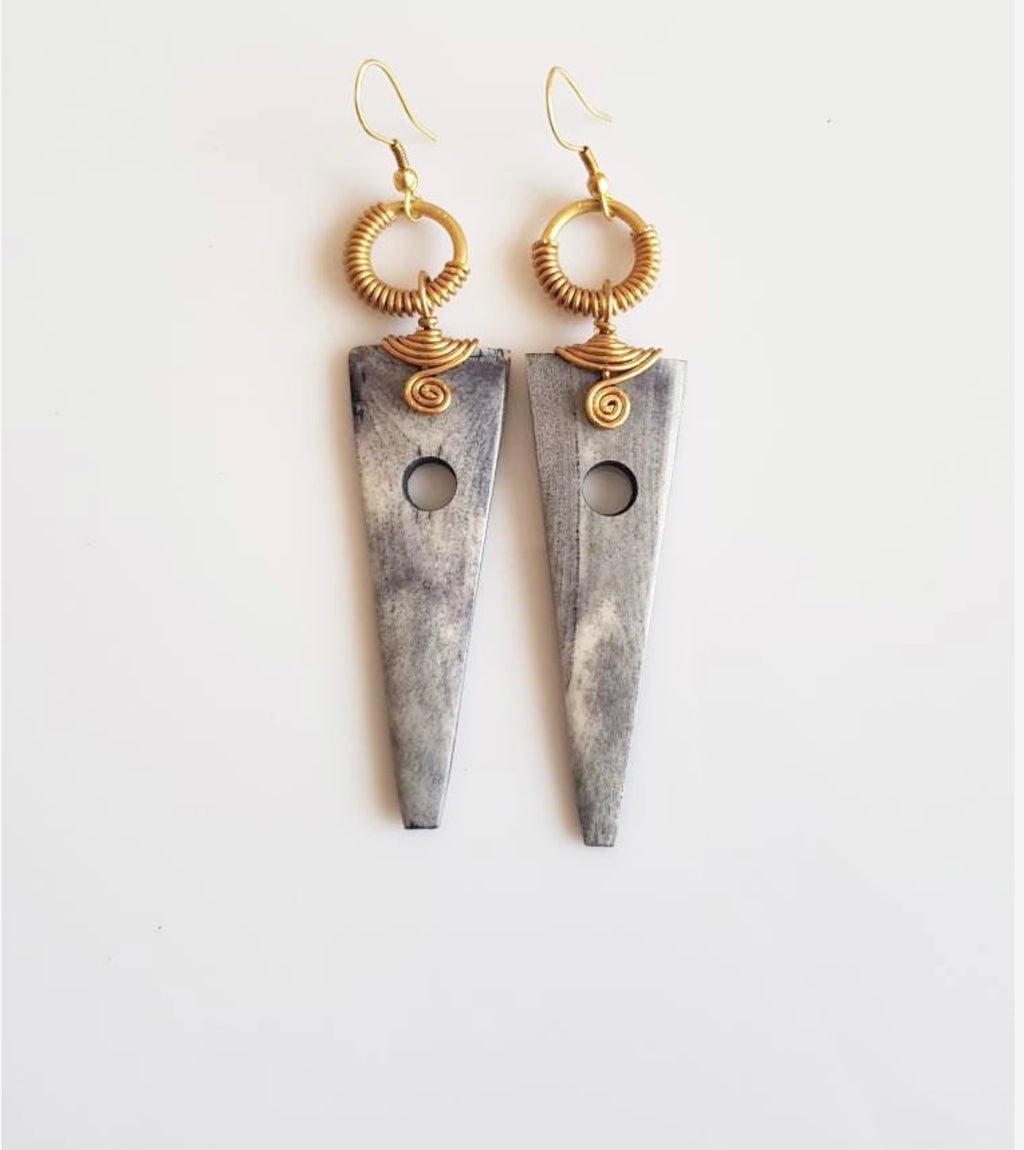 Gray Bone and Brass Lightweight Earrings 14kt hook